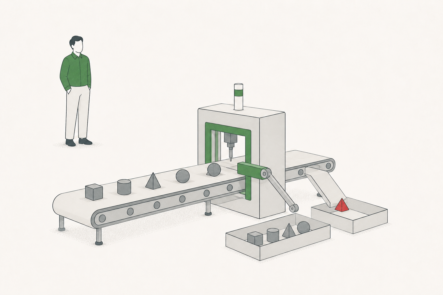 A conveyor belt carries finished parts past a simple gauge. Good ones roll on; the bad one gets pushed into a bin at the side. A person stands a few steps back with their hands in their pockets, glancing over, free to walk away at any moment