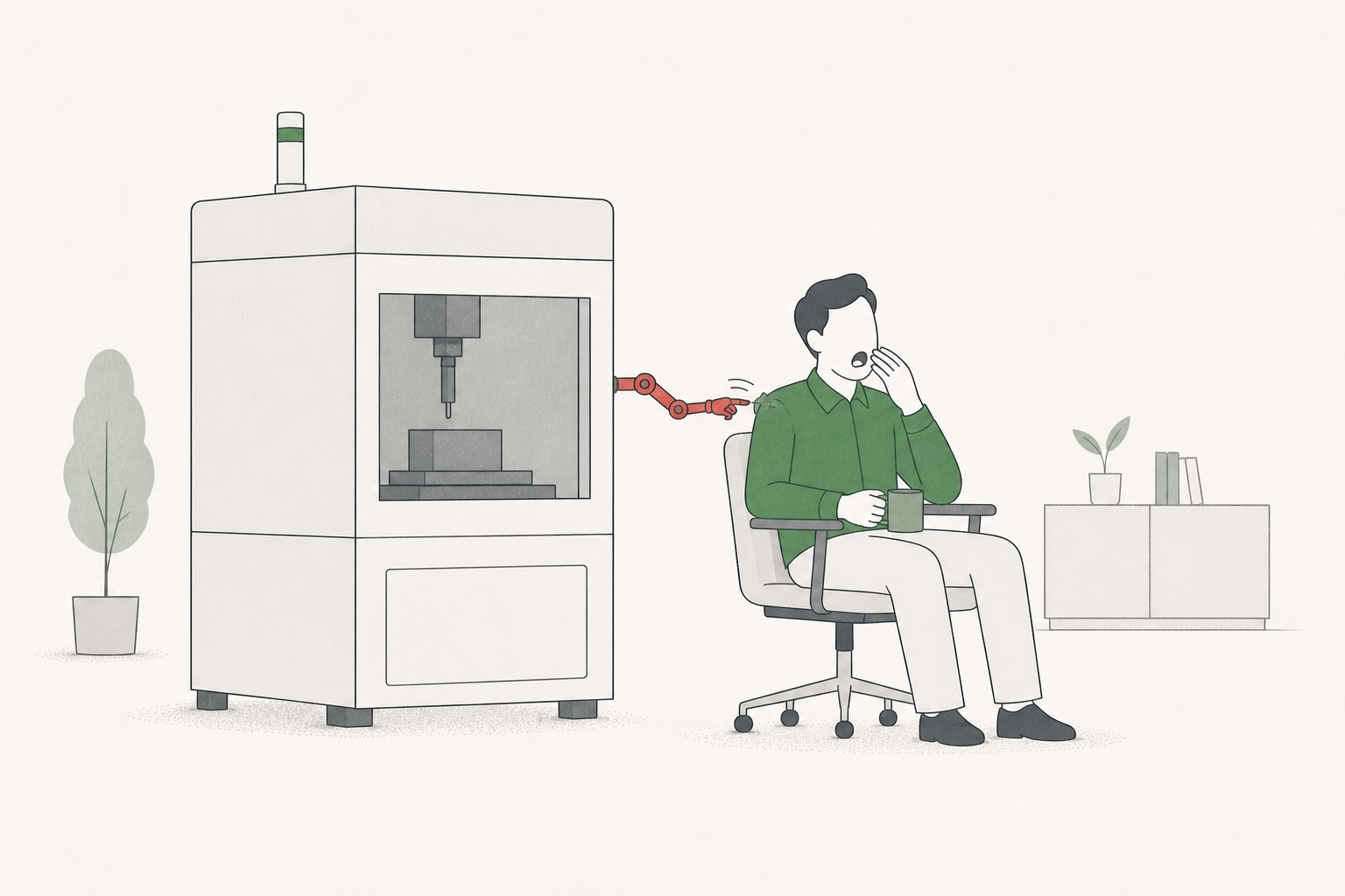 Someone sitting in an office chair with a coffee. The machine next to them is running perfectly well on its own, and yet a robotic arm keeps reaching over to tap them on the shoulder. They're yawning. Nothing is wrong; they just can't leave the chair